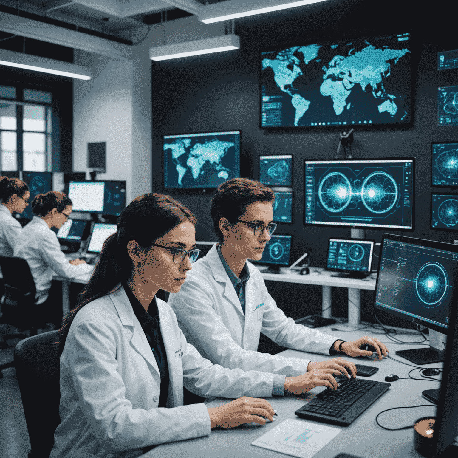 Estudiantes trabajando en proyectos de inteligencia artificial en un laboratorio moderno con computadoras y pantallas mostrando algoritmos de IA