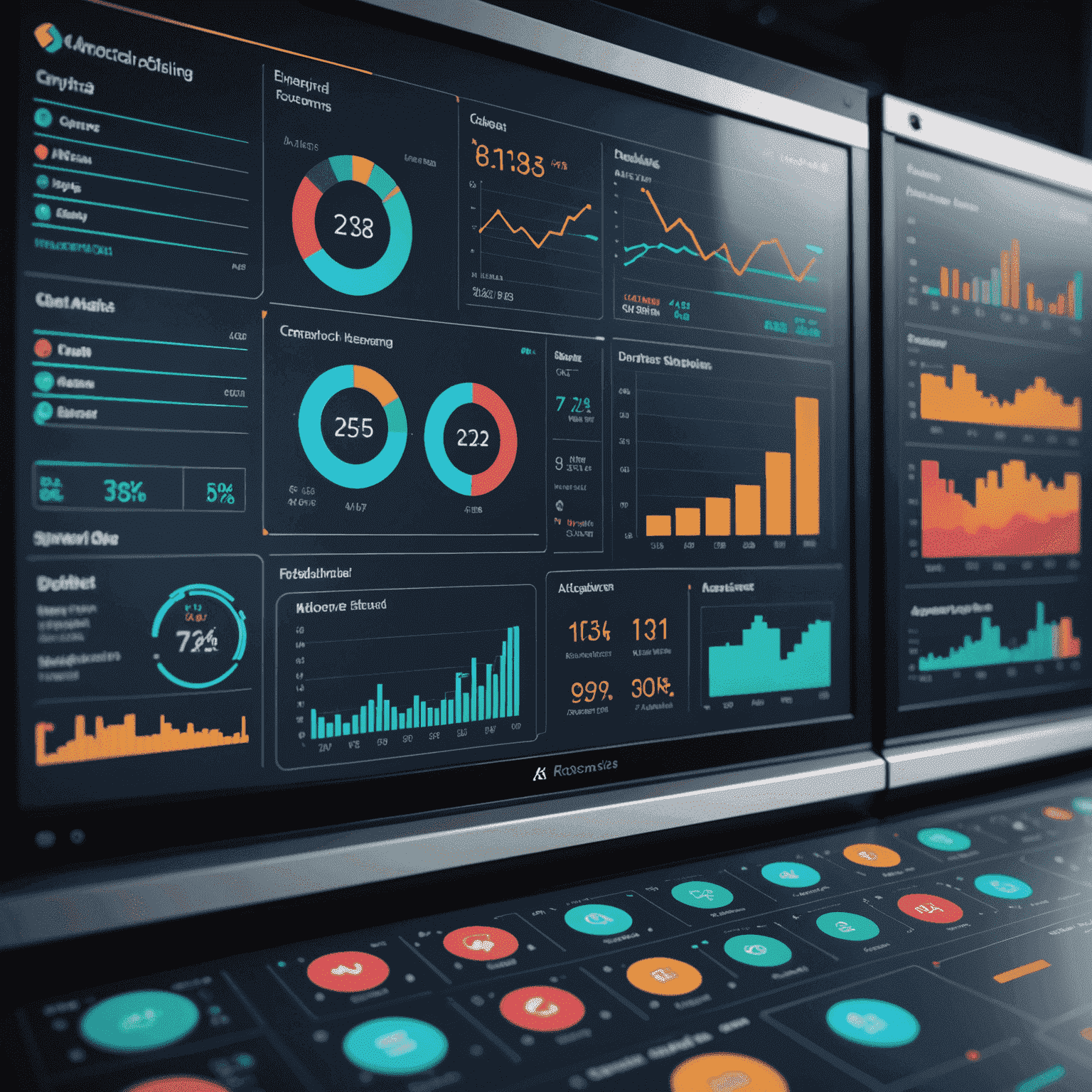 Imagen de un tablero de control de IA mostrando gráficos y análisis de datos empresariales