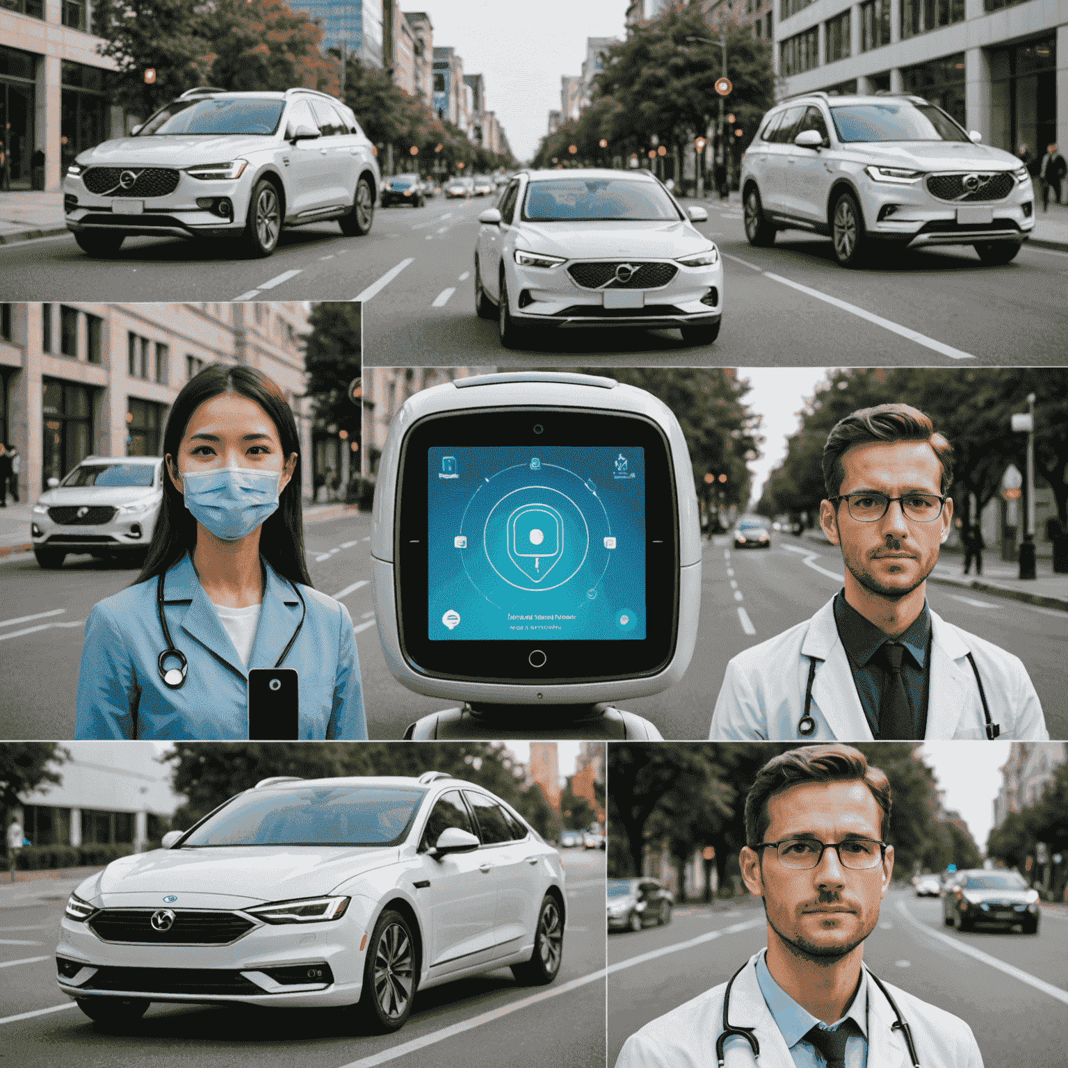 Collage de aplicaciones de IA en la vida cotidiana: asistente virtual, coche autónomo, diagnóstico médico y reconocimiento facial