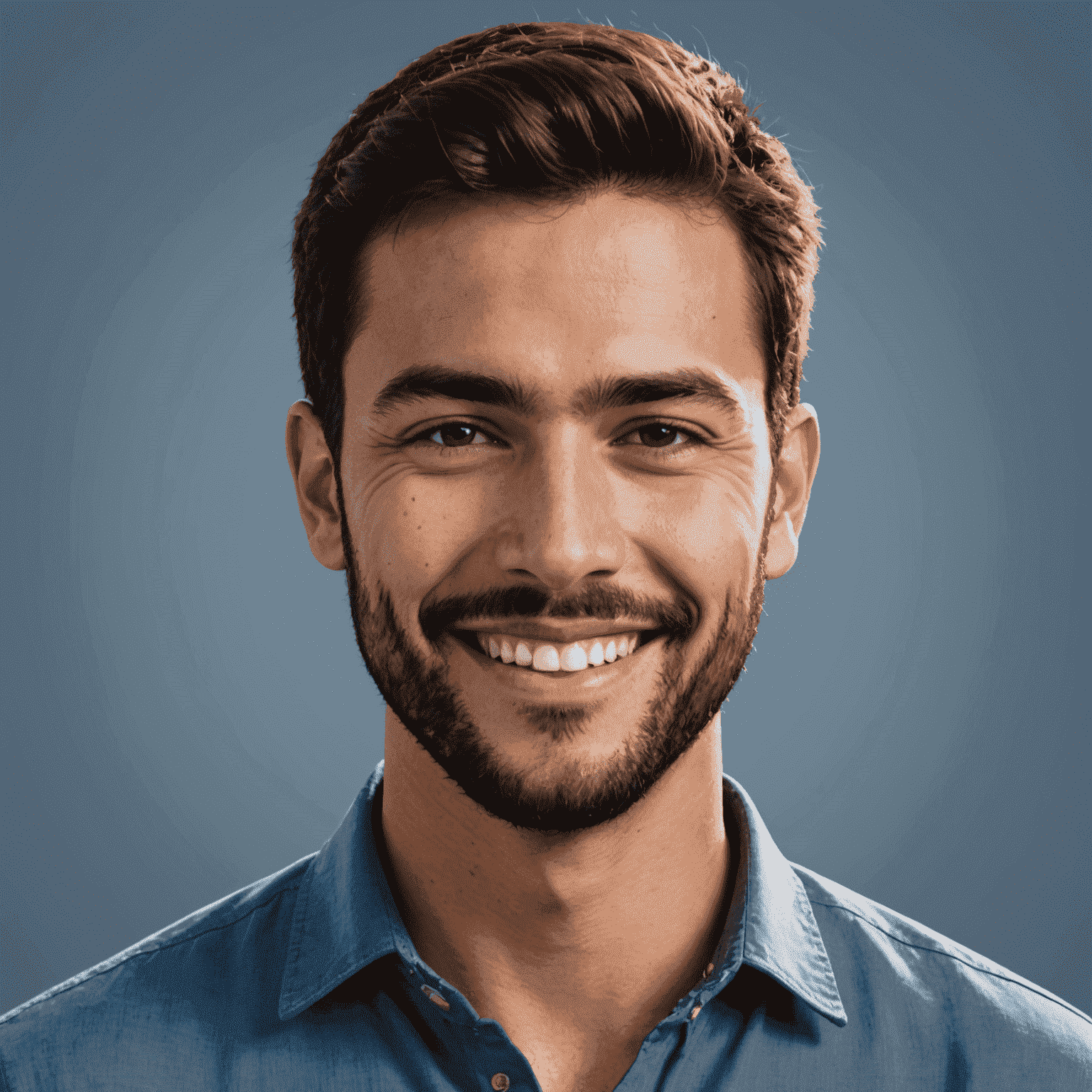 Foto de perfil de Carlos Mendoza, un hombre joven con barba corta y camisa azul, sonriendo amigablemente